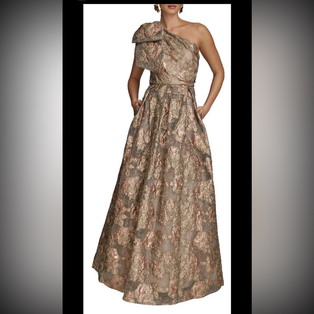 Donna Karan Metallic Jacquard Bow Floral Ball Gown,sz 6,new,snow Petal Multi